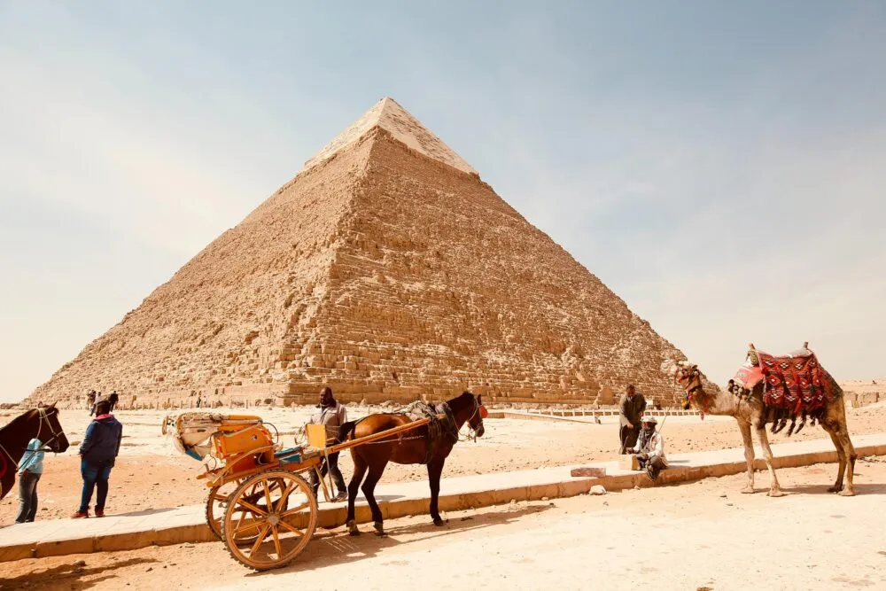 Paarden bij een piramide in Egypte