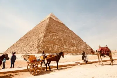 Paarden bij een piramide in Egypte