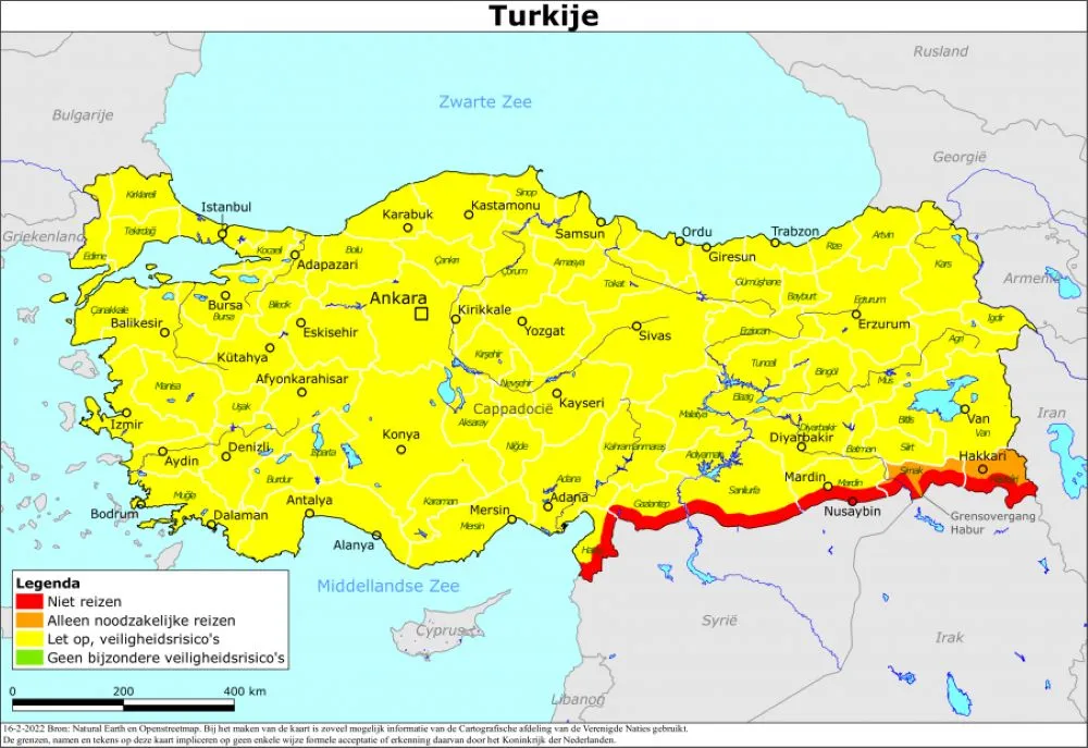 Kaart van reisadvies Turkije