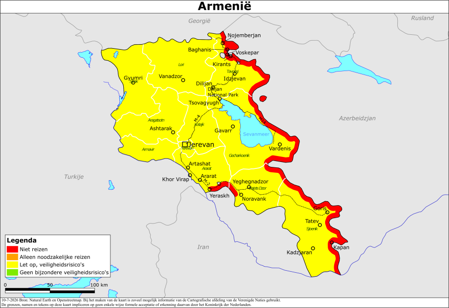 Kaart met het reisadvies van Armenië
